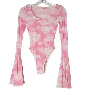 Sugar Thrillz Sz S Pink Sheer Cloud Print Mesh Bell Sleeve Party Rave Bodysuit